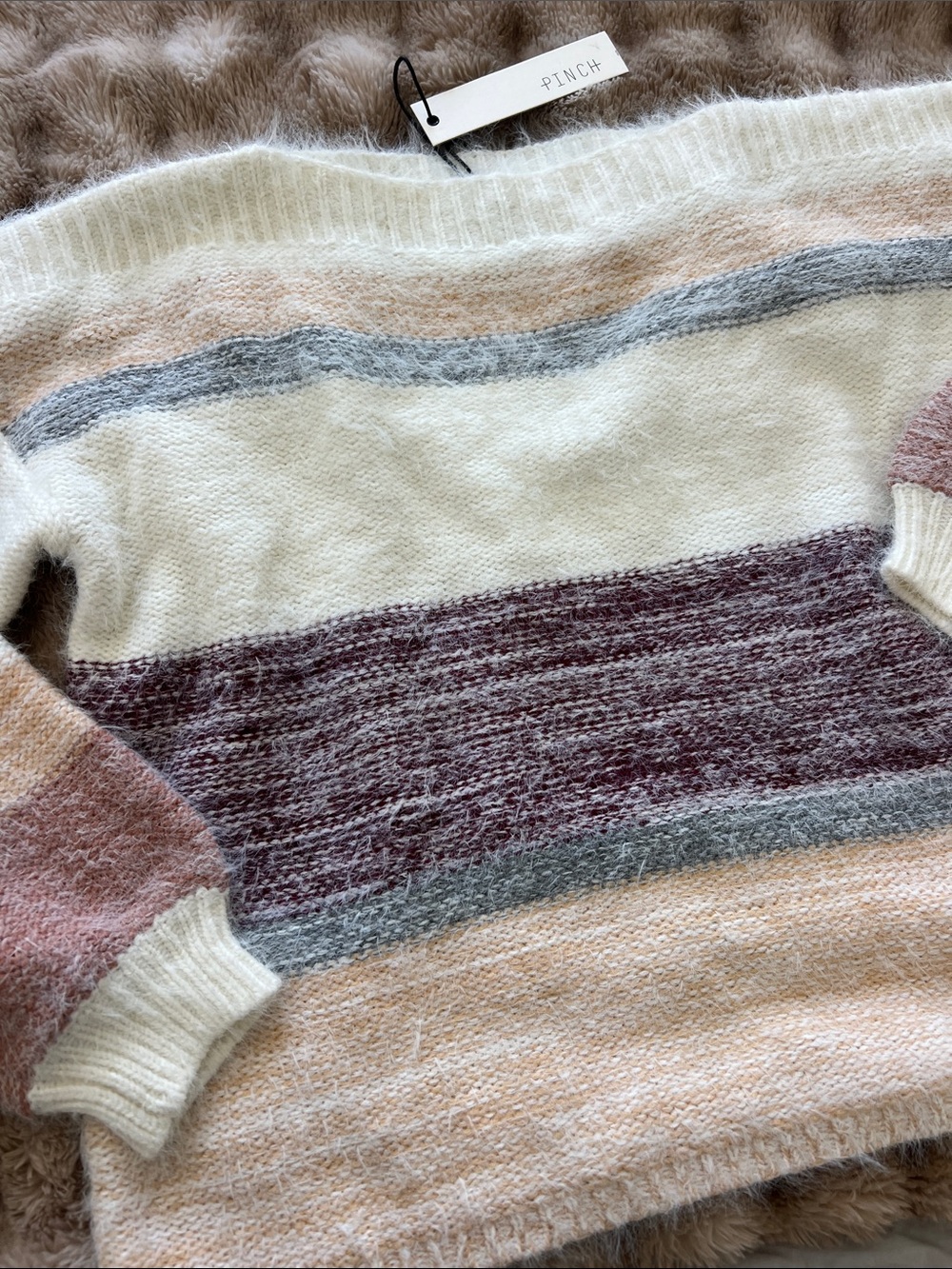 Pinch Striped Knit Pullover in Cream, Mauve & Gray